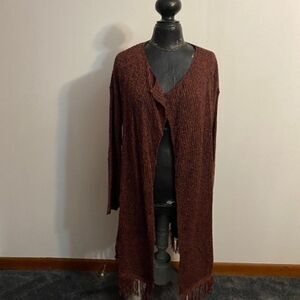 Signature 1 Studio Rust/Navy open cardigan with fringe bottom, size L